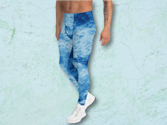 Soft Stretchy Men's Leggings for workout yoga or everyday wear ,Tie-Dye like Patterned Meggings, Under Shorts Layer Leggings for Men