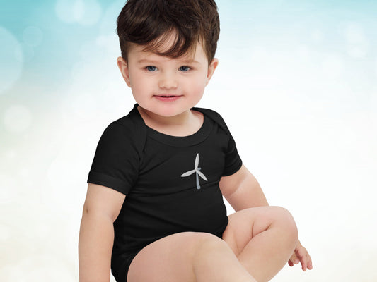 Wind Turbine Embroidery Gender Neutral Baby Onesie, Renewable Energy One Piece for Toddler