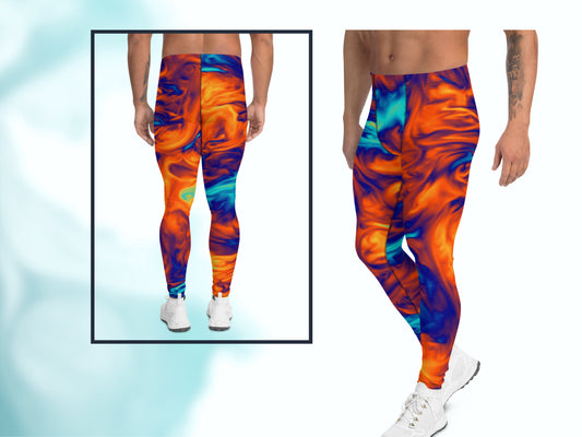 Tie-dye Patterned Meggings for Workout Yoga Running, Stretchy Leggings for Him, Men's Athletic Thermal Base Layer Exercise Compression Pants