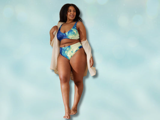 High-Waisted Bikini Plus Size Available, Sustainable Two-Piece Swimsuit Water Color, Recycled Swim Wear for Women, Inclusive Sizing