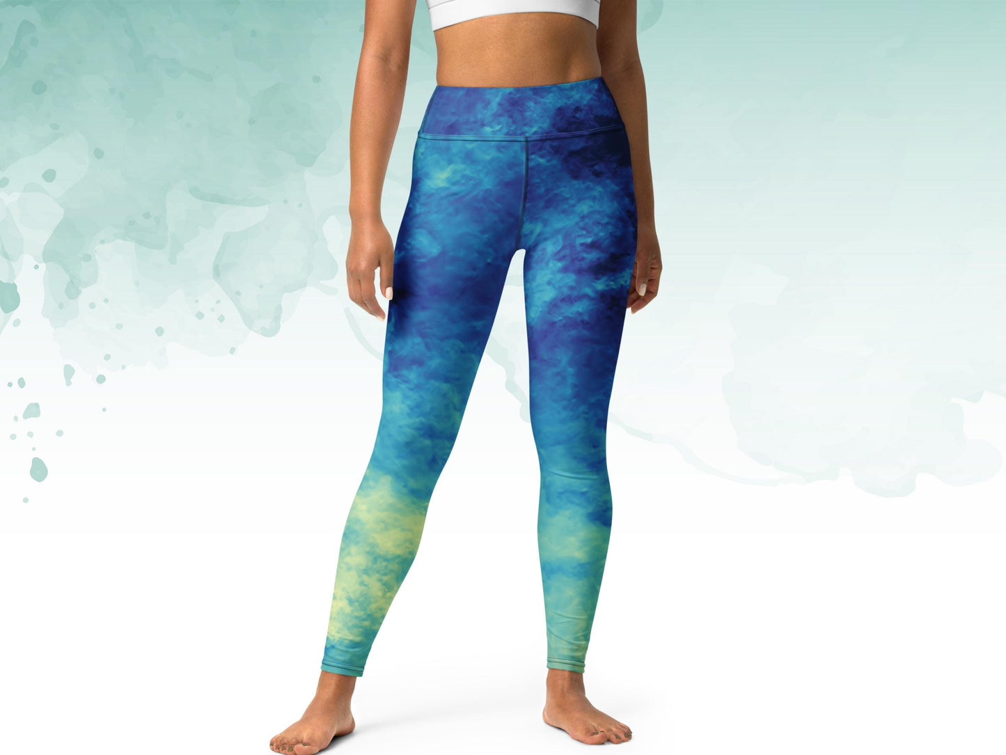 High-waist blue yoga set, digital tie-dye activewear, padded bra and leggings, blue women’s fitness set, stylish workout exercise outfit