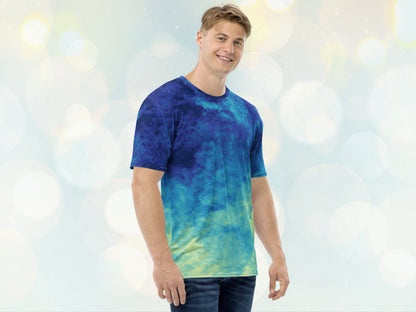 Men's stretchy Tie-dye Like Patterned T-shirt, Casual Versatile Shirt for Him, Elastic Stretchy Print Jersey for Gym, Unique Patterened Tee