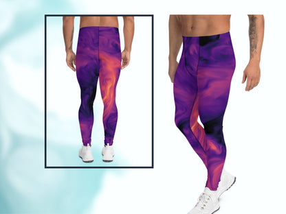 Tie-dye Patterned Meggings for Workout Yoga Running, Stretchy Leggings for Him, Men's Athletic Thermal Base Layer Exercise Compression Pants