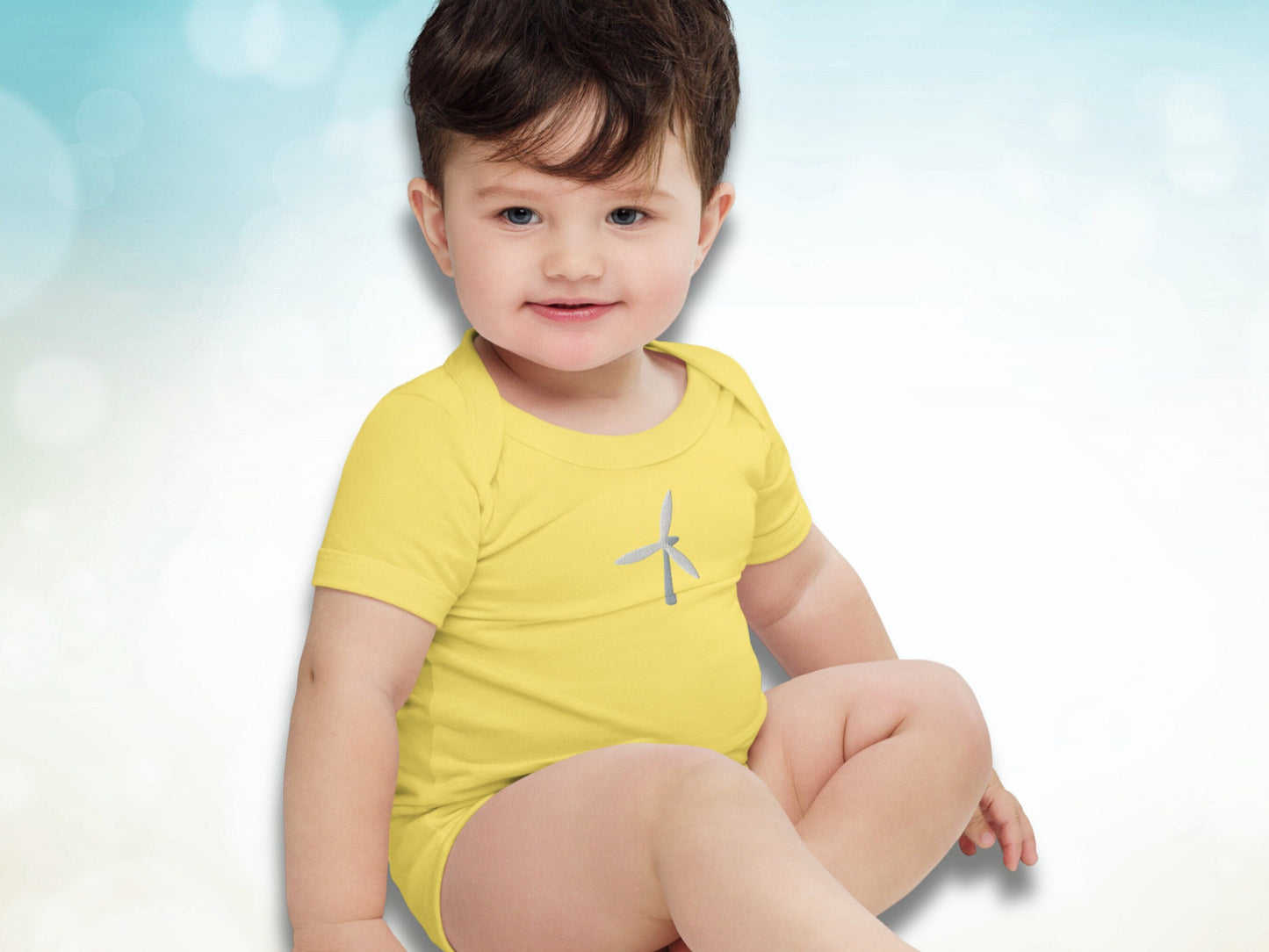 Wind Turbine Embroidery Gender Neutral Baby Onesie, Renewable Energy One Piece for Toddler