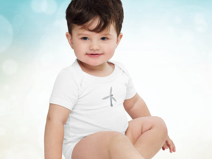 Wind Turbine Embroidery Gender Neutral Baby Onesie, Renewable Energy One Piece for Toddler