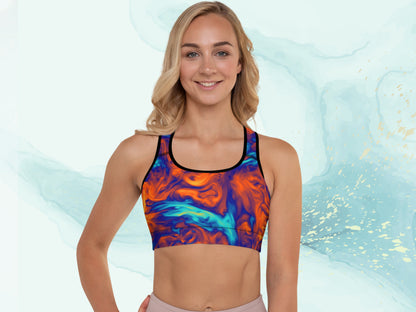 Tie Dye Patterened Padded Sports Bra, Elastic Stretchy Yoga Bra with Supporting Pads, XS to 2XL Women's Workout Exercise Bra, Athletic Bra