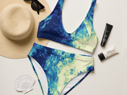 High-Waisted Bikini Plus Size Available, Sustainable Two-Piece Swimsuit  Water Color, Recycled Swim Wear for Women, Inclusive Sizing