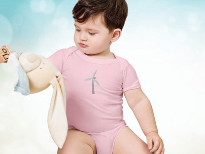 Wind Turbine Embroidery Gender Neutral Baby Onesie, Renewable Energy One Piece for Toddler