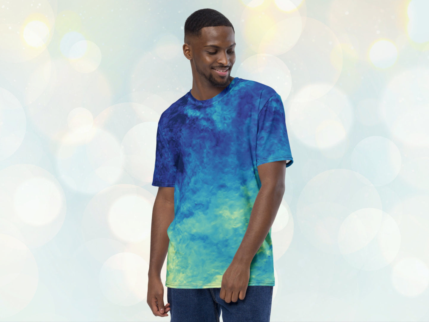 Men's stretchy Tie-dye Like Patterned T-shirt, Casual Versatile Shirt for Him, Elastic Stretchy Print Jersey for Gym, Unique Patterened Tee