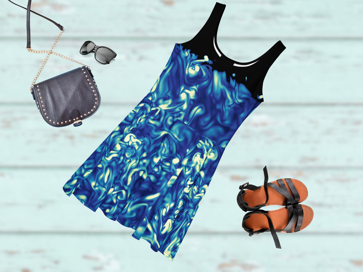 Science Print Skater Dress – Flowy, Flirty, Sleeveless Summer Style, Vacation-Ready, Eye-Catching Fluid Pattern, Lightweight & Soft