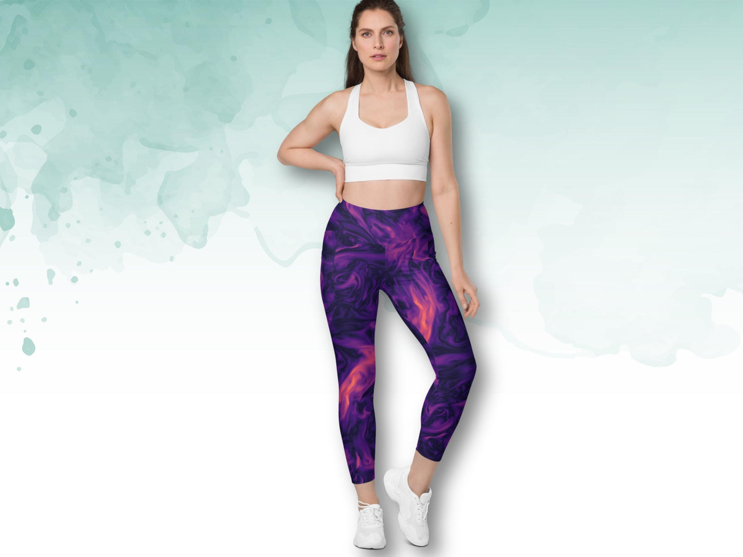 Sustainable High-Waist Tie-Dye Patterned  Leggings with Pockets,Pocketed Workout Leggings,2XS-6X Pilates Exercise Yoga Leggings for Women