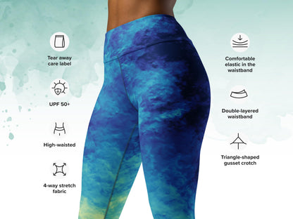 High-waist blue yoga set, digital tie-dye activewear, padded bra and leggings, blue women’s fitness set, stylish workout exercise outfit