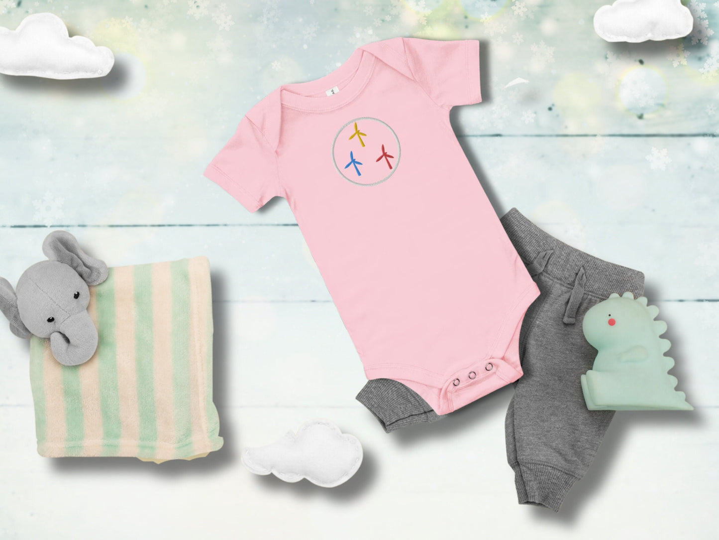 Colorful WindTurbines Embroidery Baby Onesie Bodysuit