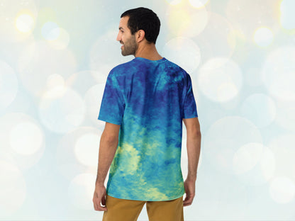 Men's stretchy Tie-dye Like Patterned T-shirt, Casual Versatile Shirt for Him, Elastic Stretchy Print Jersey for Gym, Unique Patterened Tee