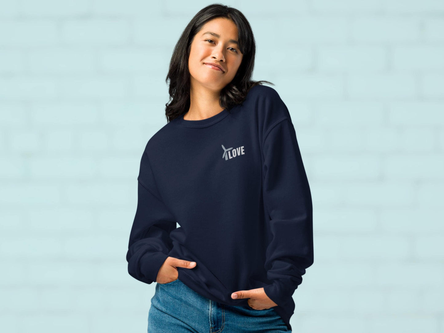 Unisex Wind Energy Embroidered Sweatshirt, Renewable Energy Cotton Pullover, Fleece Wind Turbine Crewneck Sweater, Comfy Green Energy Jumper