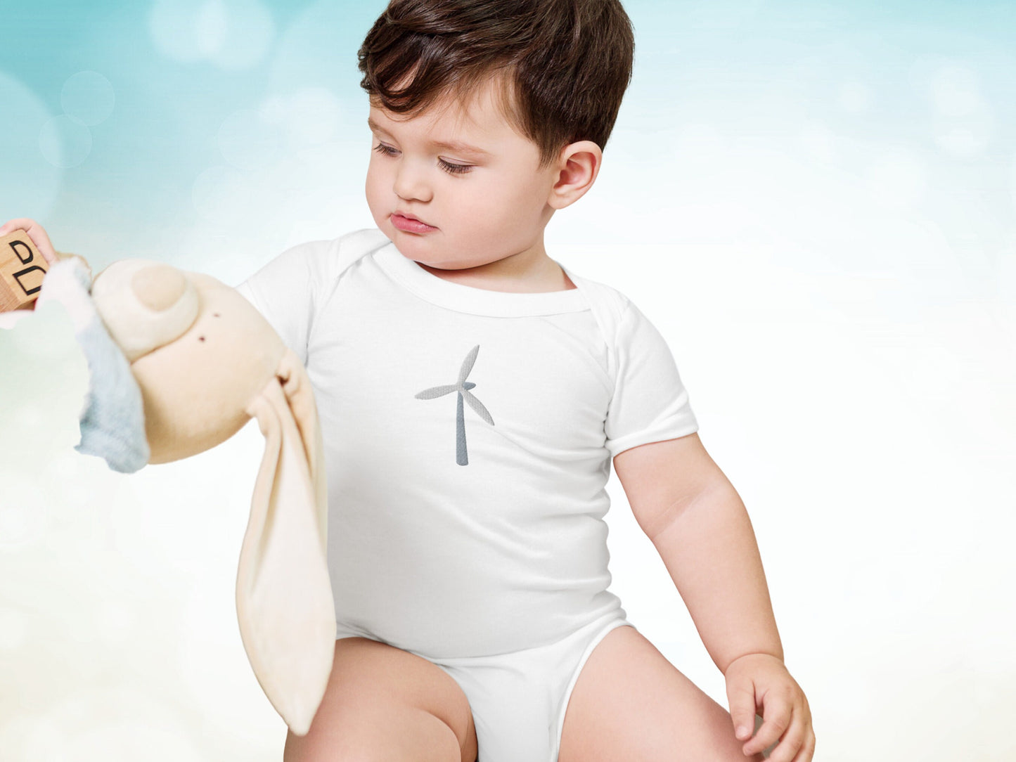 Wind Turbine Embroidery Gender Neutral Baby Onesie, Renewable Energy One Piece for Toddler