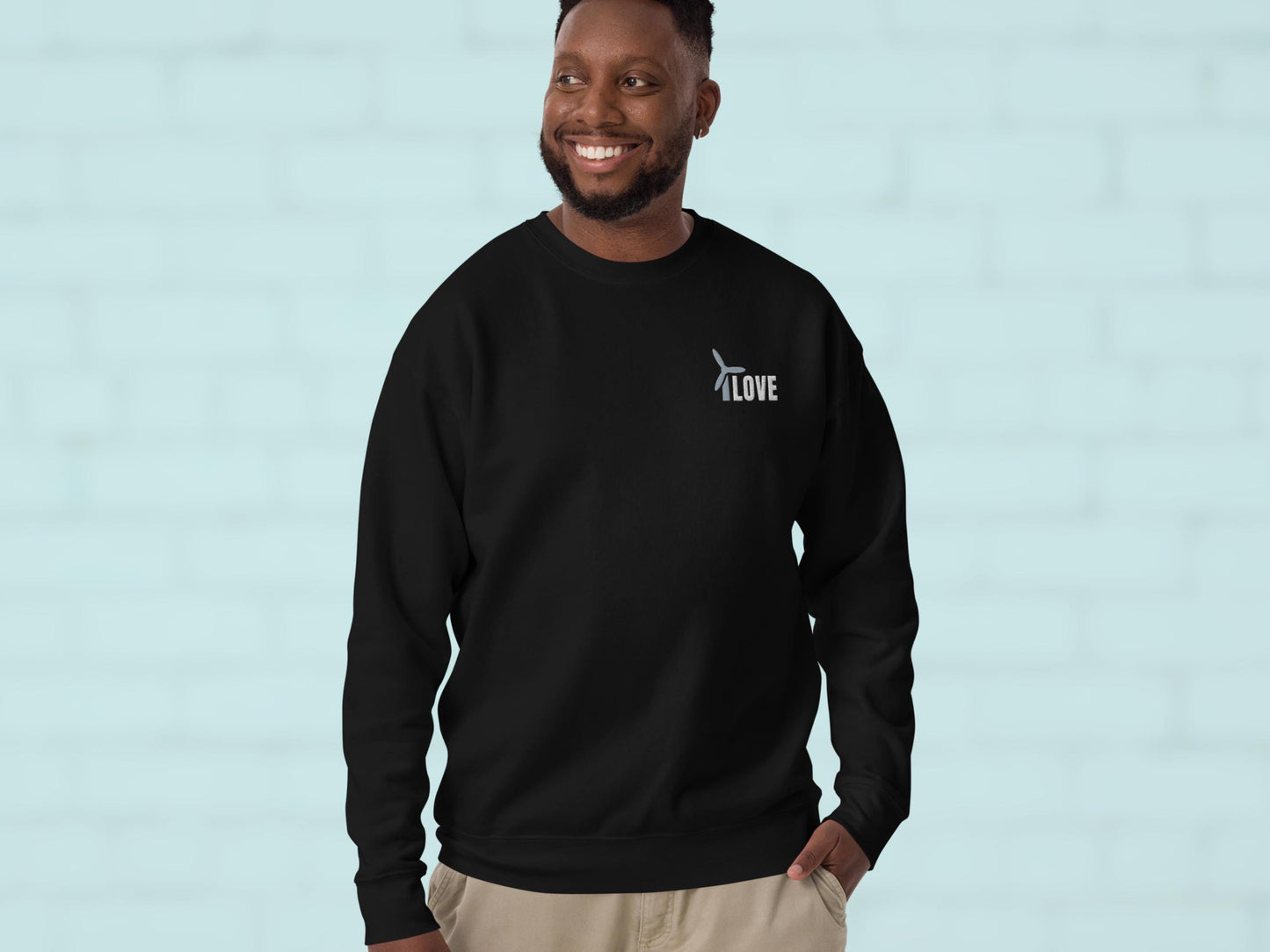 Unisex Wind Energy Embroidered Sweatshirt, Renewable Energy Cotton Pullover, Fleece Wind Turbine Crewneck Sweater, Comfy Green Energy Jumper