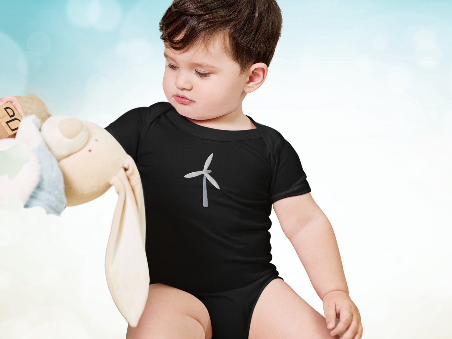 Wind Turbine Embroidery Gender Neutral Baby Onesie, Renewable Energy One Piece for Toddler