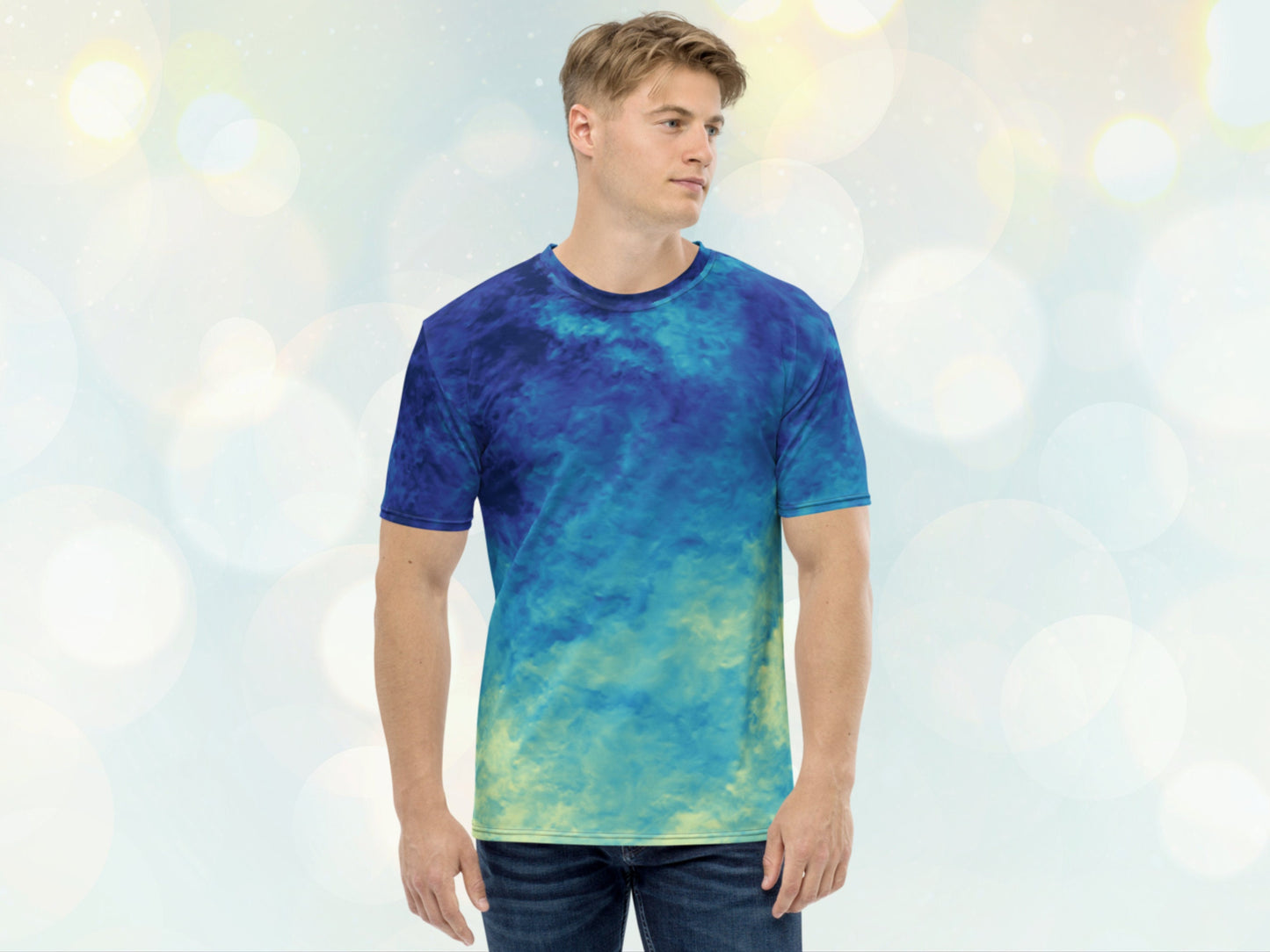 Men's stretchy Tie-dye Like Patterned T-shirt, Casual Versatile Shirt for Him, Elastic Stretchy Print Jersey for Gym, Unique Patterened Tee