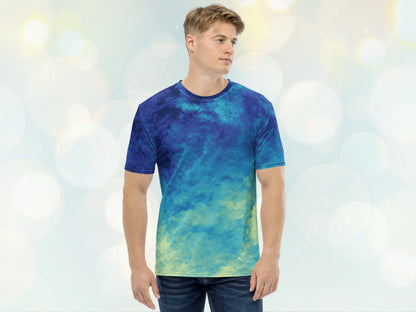 Men's stretchy Tie-dye Like Patterned T-shirt, Casual Versatile Shirt for Him, Elastic Stretchy Print Jersey for Gym, Unique Patterened Tee