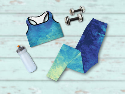 High-waist blue yoga set, digital tie-dye activewear, padded bra and leggings, blue women’s fitness set, stylish workout exercise outfit
