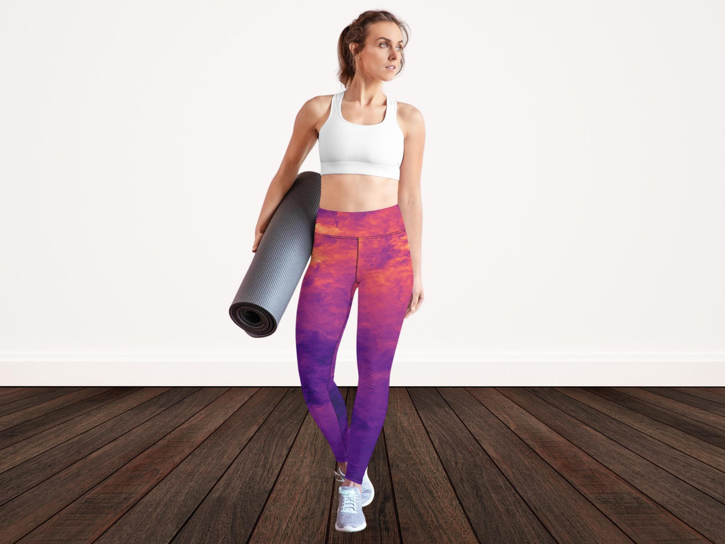 High-waist yoga set, digital tie-dye padded bra and leggings, women workout outfit, comfy activewear, vibrant gym set, stylish fitness wear