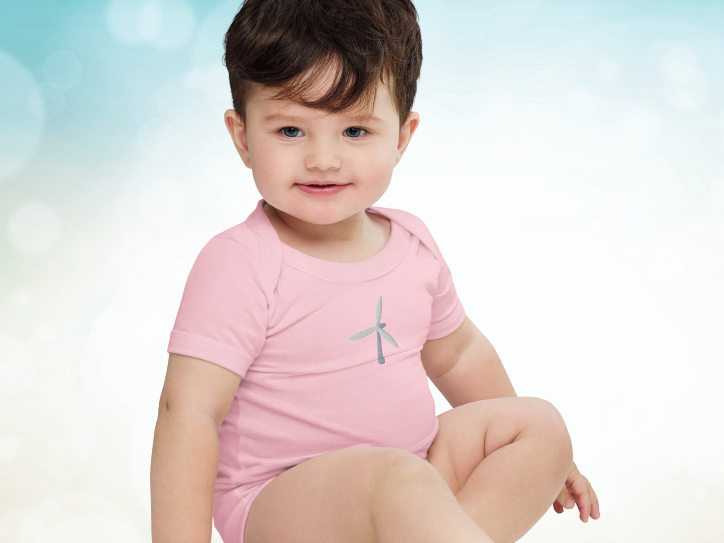Wind Turbine Embroidery Gender Neutral Baby Onesie, Renewable Energy One Piece for Toddler