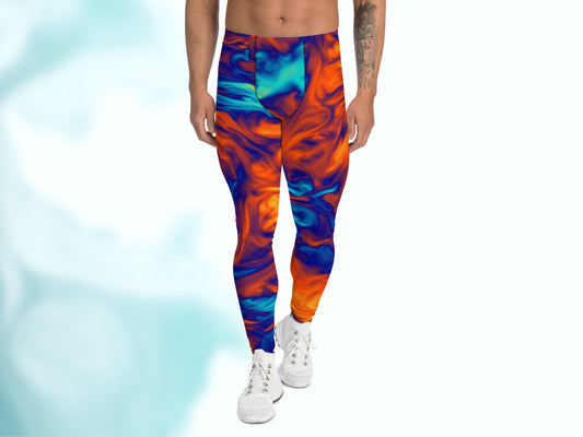 Tie-dye Patterned Meggings for Workout Yoga Running, Stretchy Leggings for Him, Men's Athletic Thermal Base Layer Exercise Compression Pants