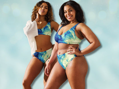 High-Waisted Bikini Plus Size Available, Sustainable Two-Piece Swimsuit  Water Color, Recycled Swim Wear for Women, Inclusive Sizing