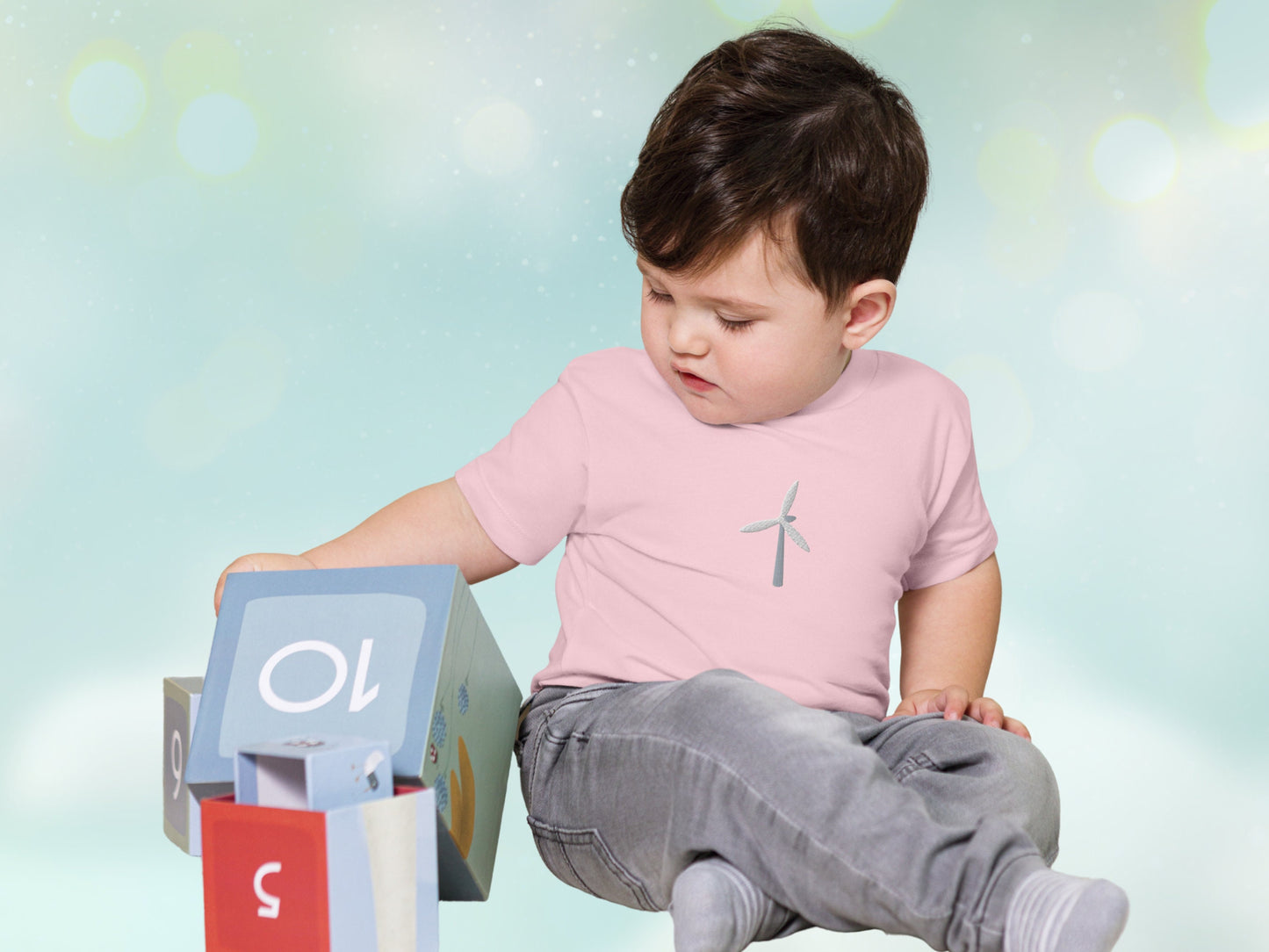 Wind Turbine Embroidery Baby Tee, Renewable Energy Toddler T-shirt, Cotton Embroidered Wind Energy Shirt for Little Ones