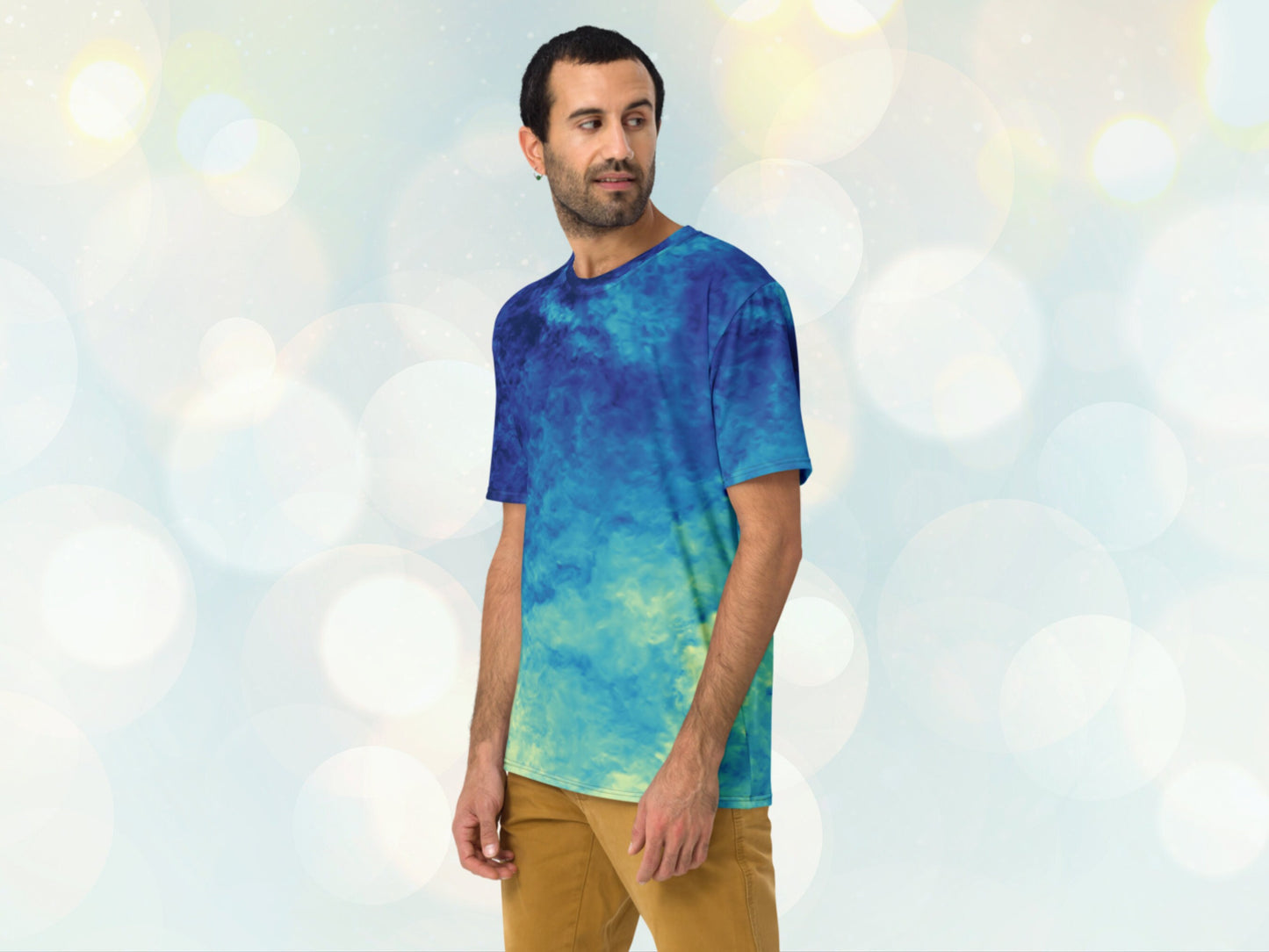 Men's stretchy Tie-dye Like Patterned T-shirt, Casual Versatile Shirt for Him, Elastic Stretchy Print Jersey for Gym, Unique Patterened Tee