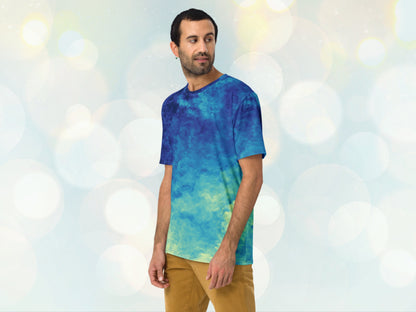 Men's stretchy Tie-dye Like Patterned T-shirt, Casual Versatile Shirt for Him, Elastic Stretchy Print Jersey for Gym, Unique Patterened Tee