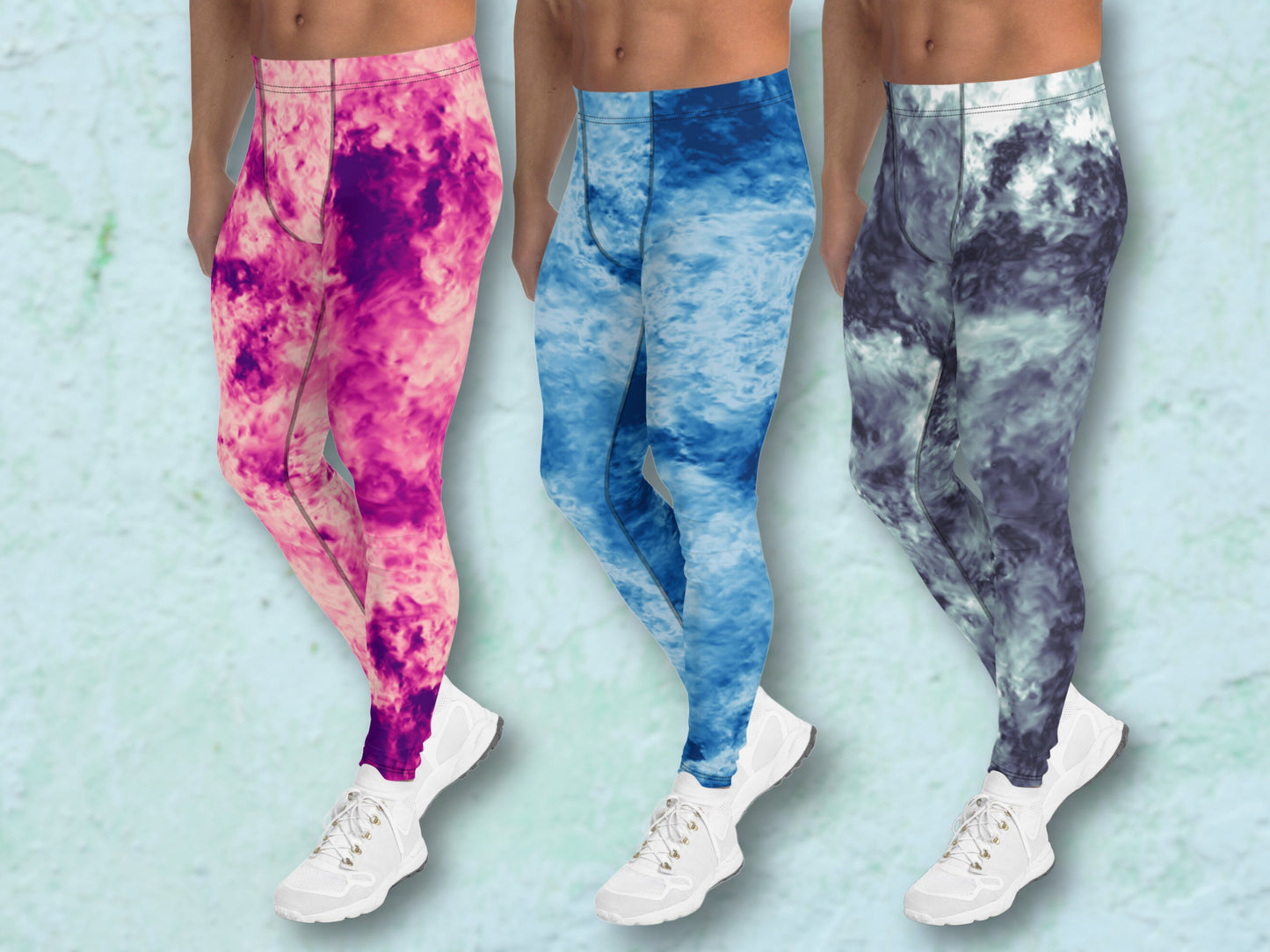 Soft Stretchy Men's Leggings for workout  yoga or everyday wear ,Tie-Dye like Patterned Meggings, Under Shorts Layer Leggings for Men