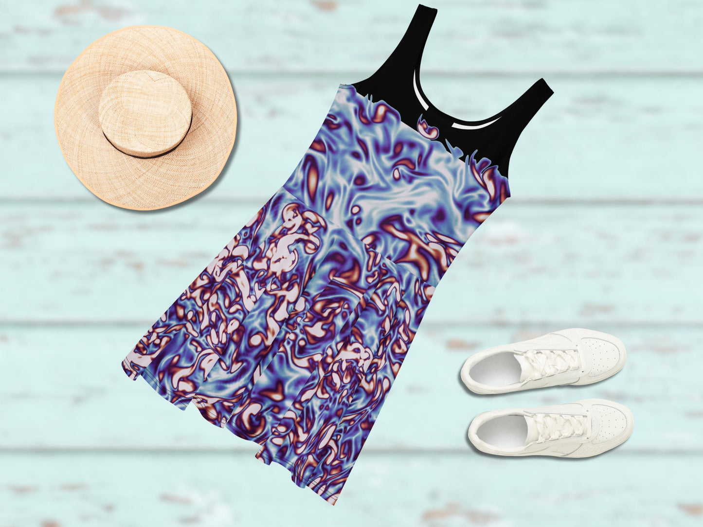 Science Print Skater Dress – Flowy, Flirty, Sleeveless Summer Style, Vacation-Ready, Eye-Catching Fluid Pattern, Lightweight & Soft