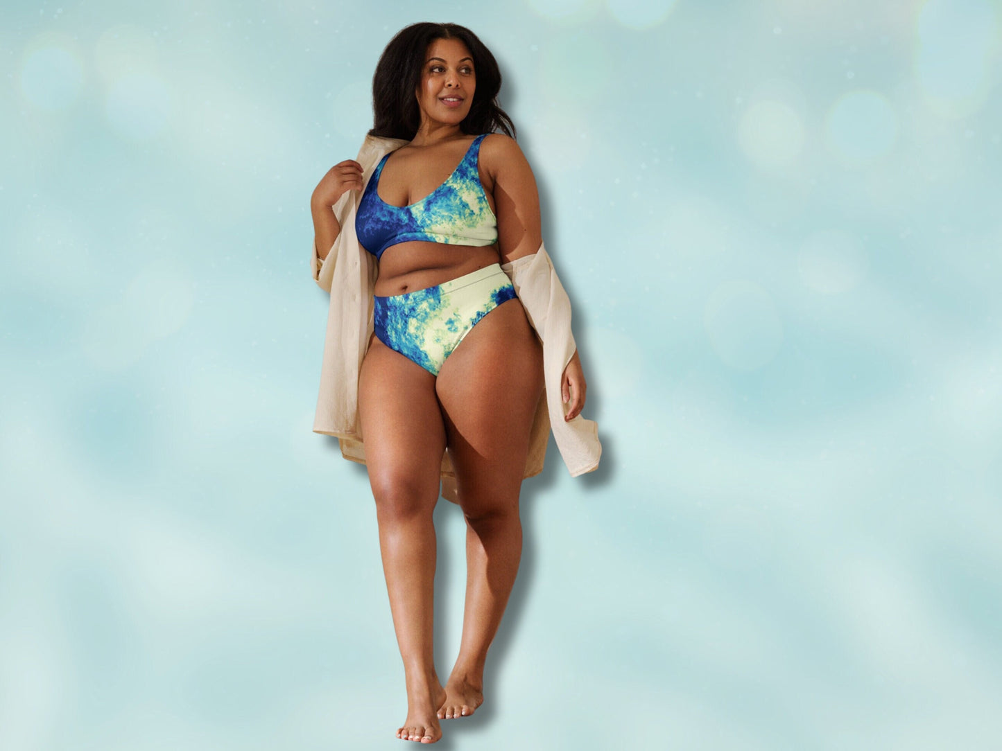 High-Waisted Bikini Plus Size Available, Sustainable Two-Piece Swimsuit  Water Color, Recycled Swim Wear for Women, Inclusive Sizing