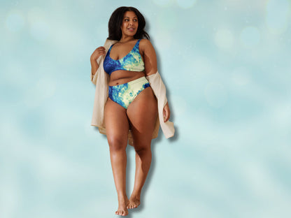 High-Waisted Bikini Plus Size Available, Sustainable Two-Piece Swimsuit  Water Color, Recycled Swim Wear for Women, Inclusive Sizing